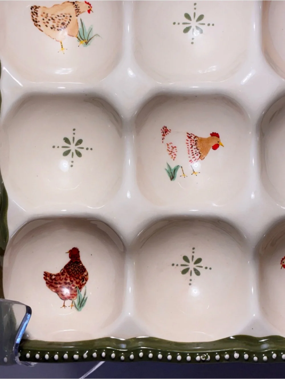 Cream & Green Ceramic Egg Serving Tray with Rooster Motif